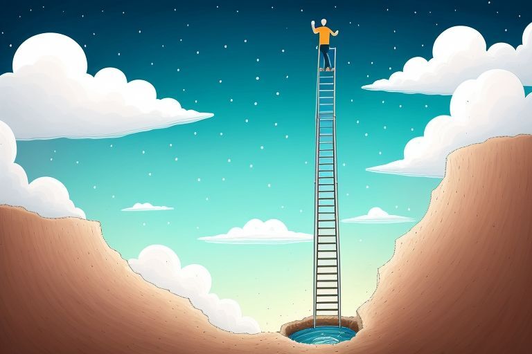 Person climbing out of a hole with a ladder, representing overcoming financial debt and achieving financial freedom.