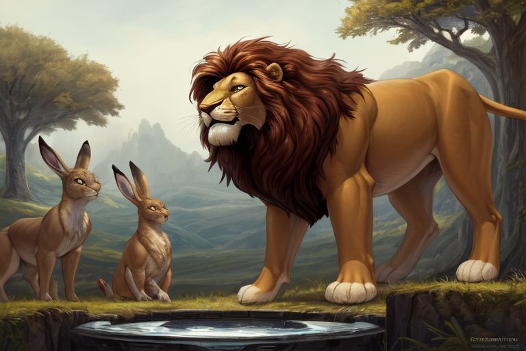 Illustration of a hare facing a lion, depicting the central conflict of the Panchatantra story, highlighting the contrast between brains and brawn.