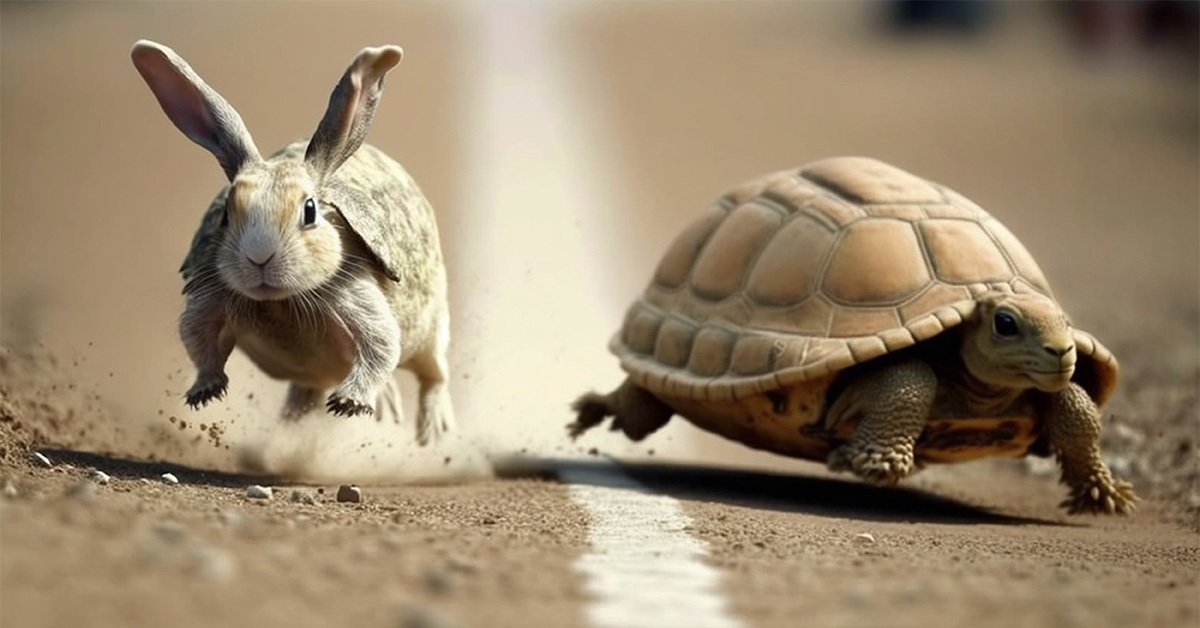 Illustration of the tortoise and the hare race, depicting the tortoise's persistence and determination, and the hare's overconfidence and complacency, highlighting the contrast in their approaches.