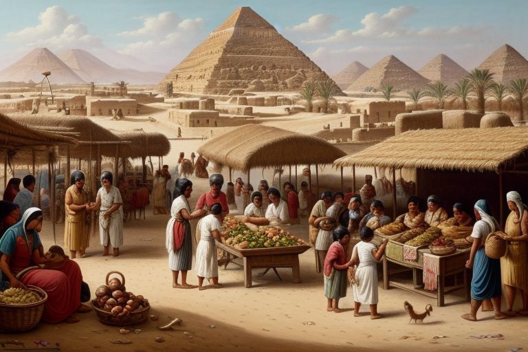 Scene of daily life in Ancient Egypt, showcasing the activities, social interactions, and culture of ordinary people, highlighting their occupations, family life, and leisure activities.