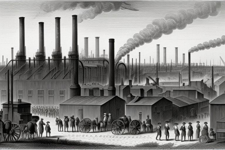 Depiction of a factory during the Industrial Revolution, showcasing the shift to industrial production, the use of machinery, and the impact on labor and urban environments.