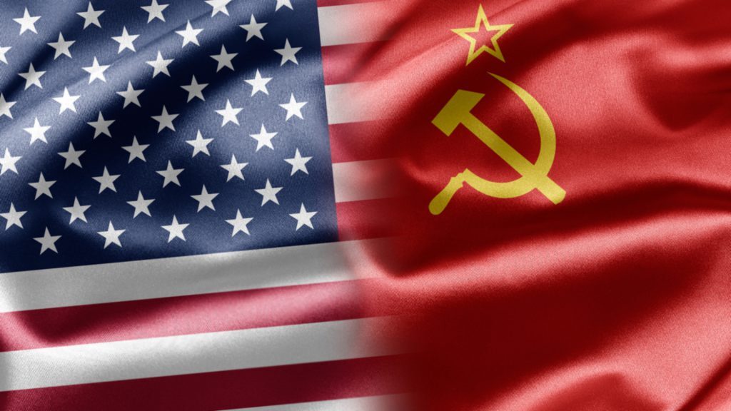 Split image representing the USA and the USSR during the Cold War, symbolizing the ideological divide, political tension, and global rivalry that characterized the era.